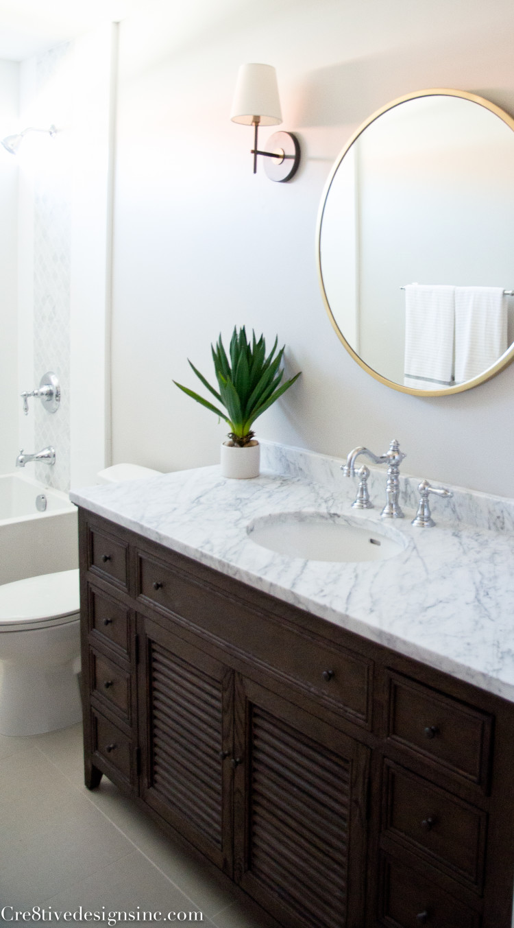 bathroom remodel using a Shutter vanity from Restoration Hardware